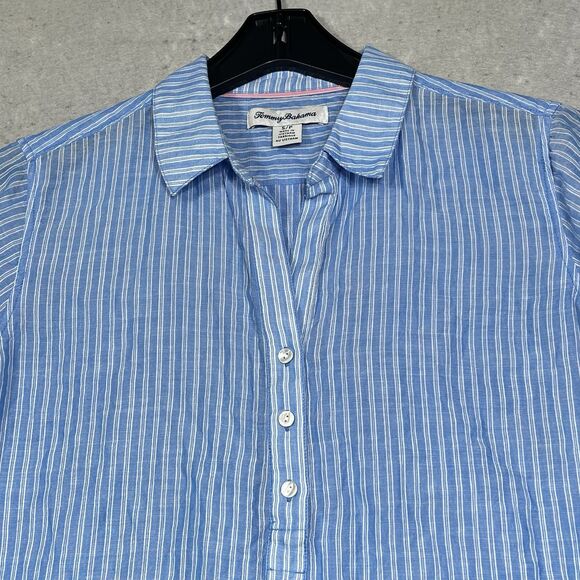 Tommy Bahama Shirt Womens Small Blue Stripe Sandswept Short Sleeve Cotton Blend - Picture 2 of 10